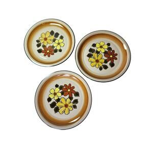 FASHION MANOR Brown Yellow Retro Daisy Vale Stoneware Dinner Plates Set of 3